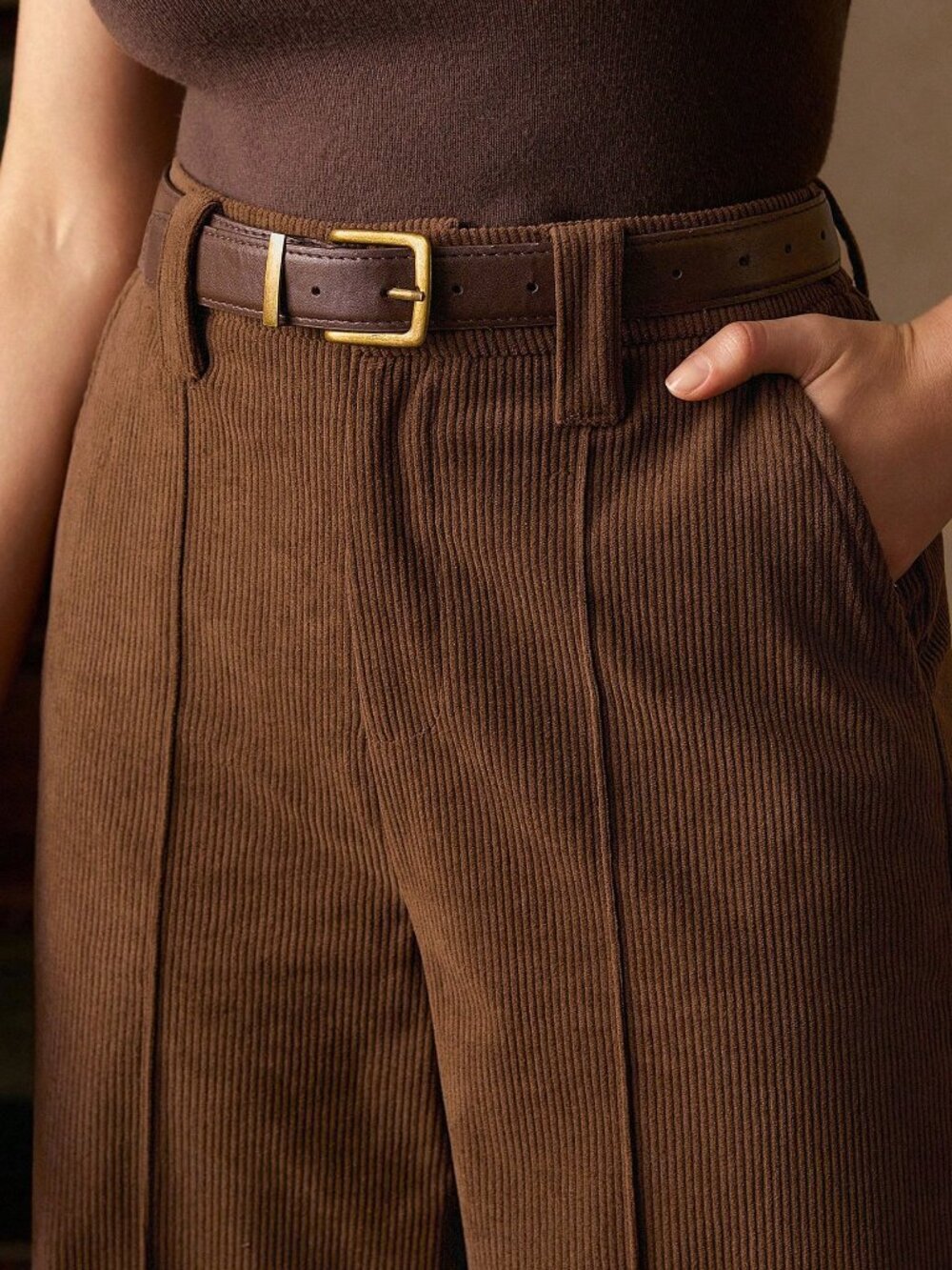 Brown Casual Women's Corduroy Trousers with Design Belt - Picture 7 of 7